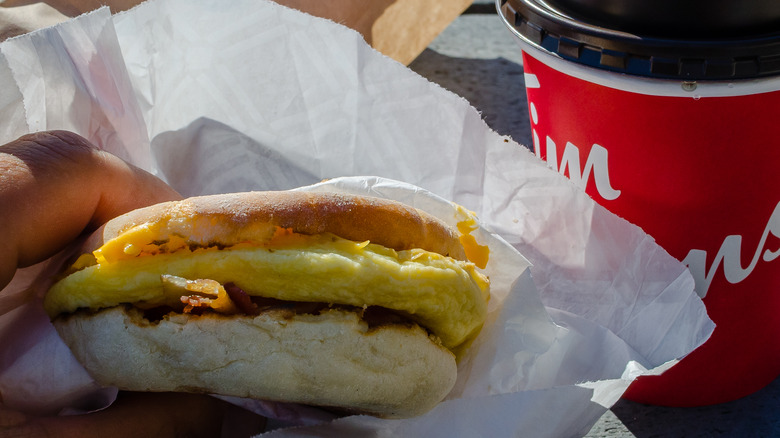 Tim Hortons egg sandwich and coffee