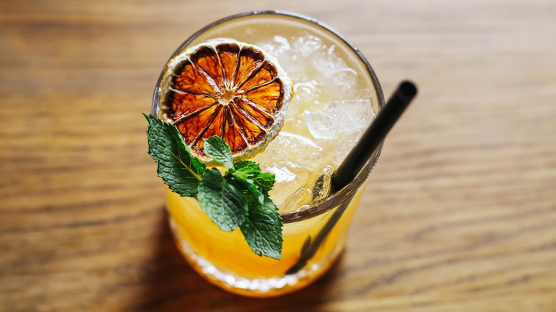 Cocktail garnished with mint leaves and a dried citrus wheel