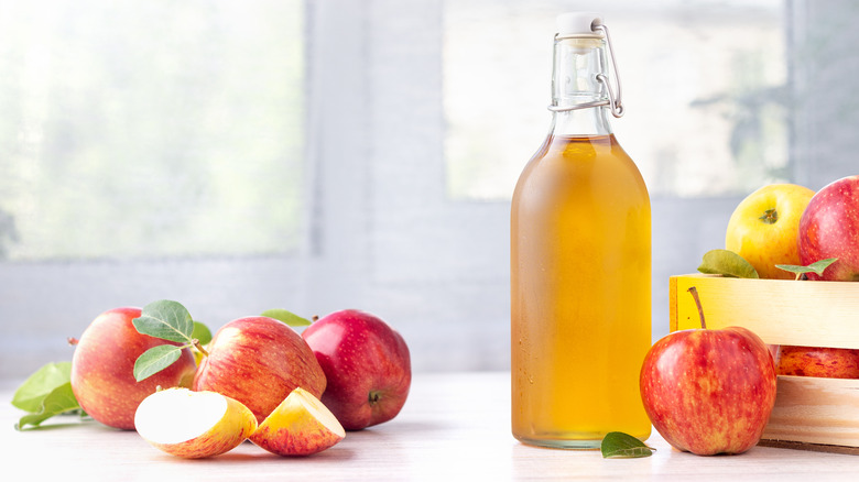 Apple cider vinegar surrounded by fresh apples