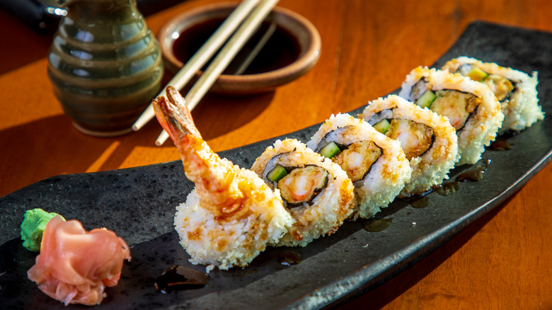 sushi roll of shrimp tempura with tail