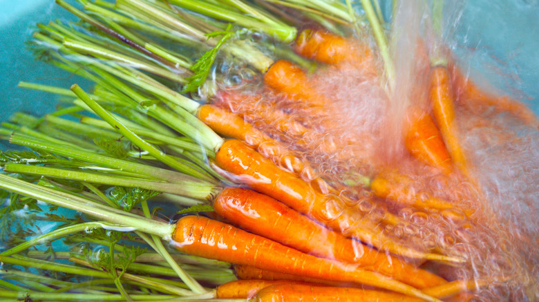 carrots soaking in running water