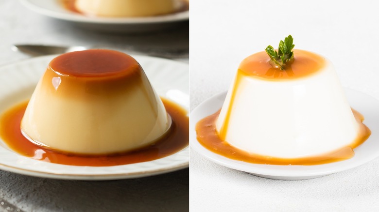 plated flan (left) and panna cotta (right)