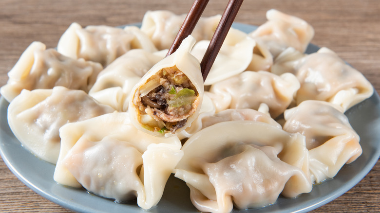 Person holding half a jiaozi with chopsticks over a plate of dumplings