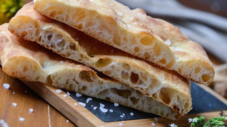 Slices of thin focaccia with salt