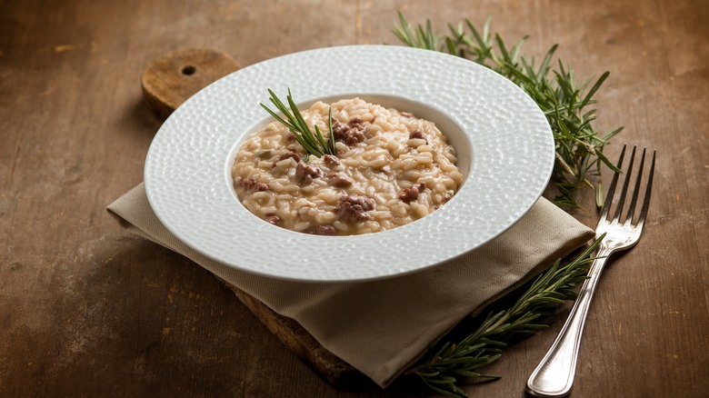 bowl of risotto with sausage
