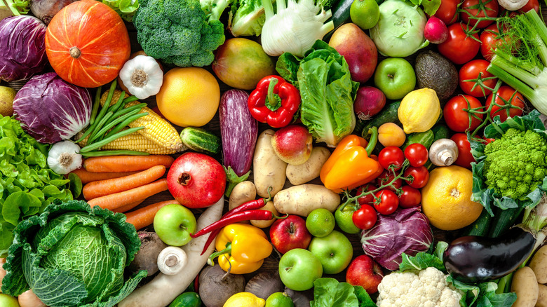 overhead shot of assorted fruits and vegetables