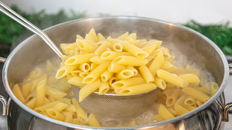 cooked pasta in boiling water