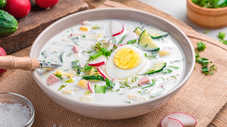 Creamy soup with kefir, eggs, and vegetables