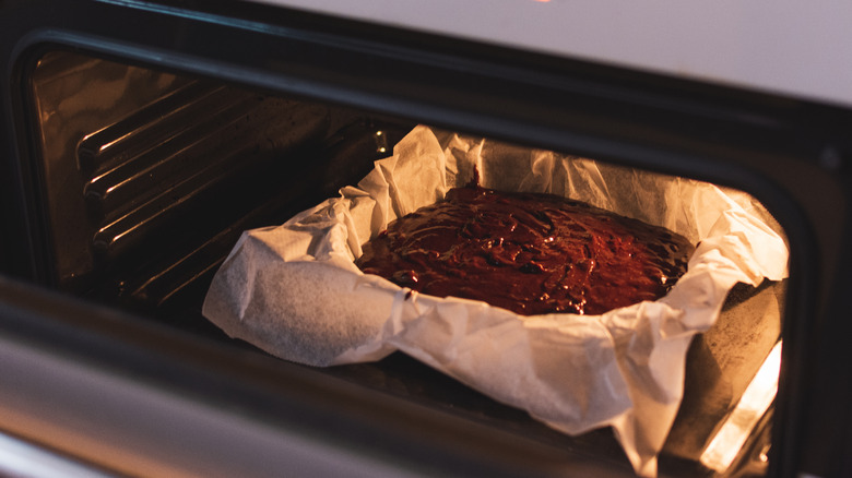 chewy brownies being baked in the oven