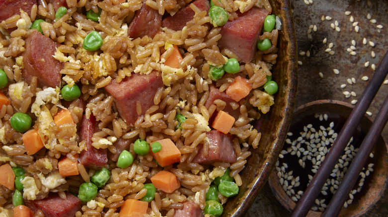 Pork fried rice on a bowl from overhead