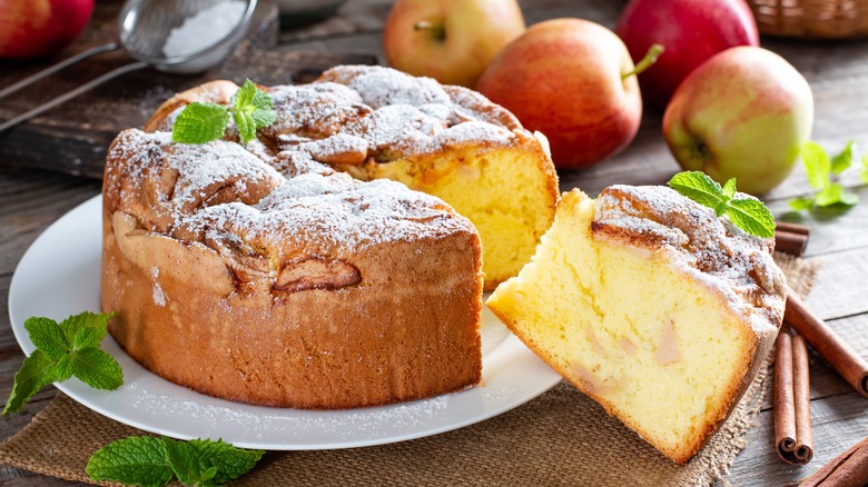 Sliced apple cake on plate