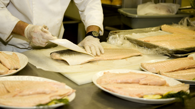 Chef removing skin from poached salmon filets