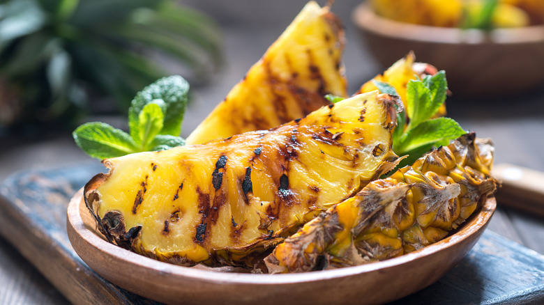 Close-up of grilled pineapple chunks