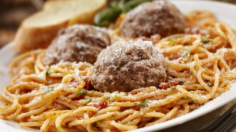 Close up of spaghetti meatballs