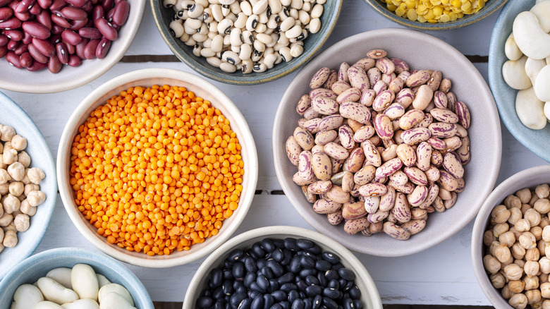 Different types of beans in bowls