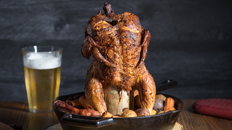 Beer can chicken in skillet