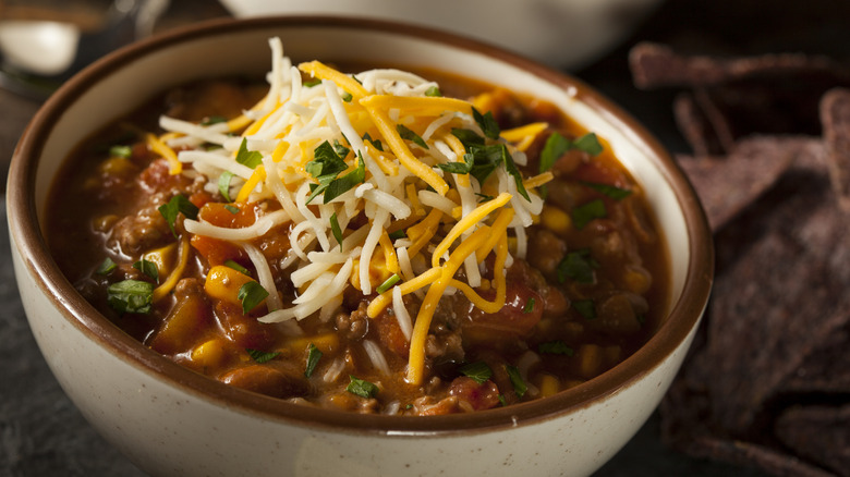 bowl of chili with cheese