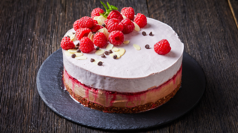 raspberry-topped ice cream cake on serving plate