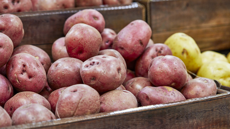 Red potatoes in display box