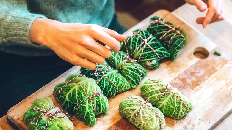 Prepared uncooked savoy cabbage rolls 