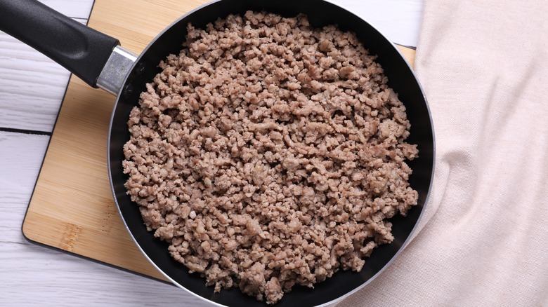 Ground beef in a frying pan