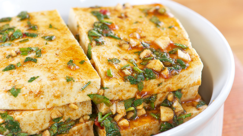 tofu slices in marinade