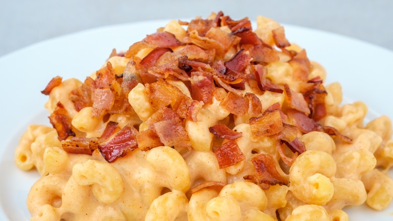 macaroni and cheese on white plate topped with bacon