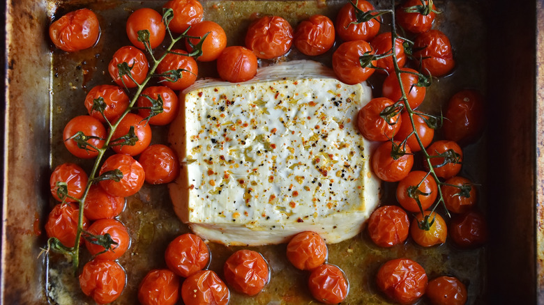 Feta and tomatoes in a pan