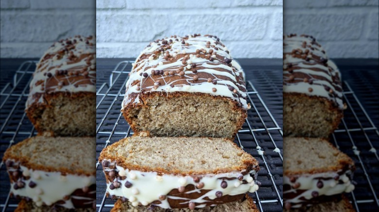 banana bread with white chocolate drizzle