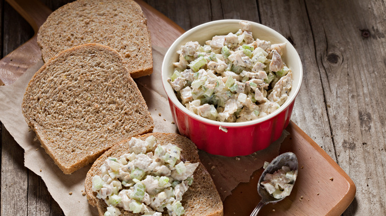 chicken salad on bread, in bowl