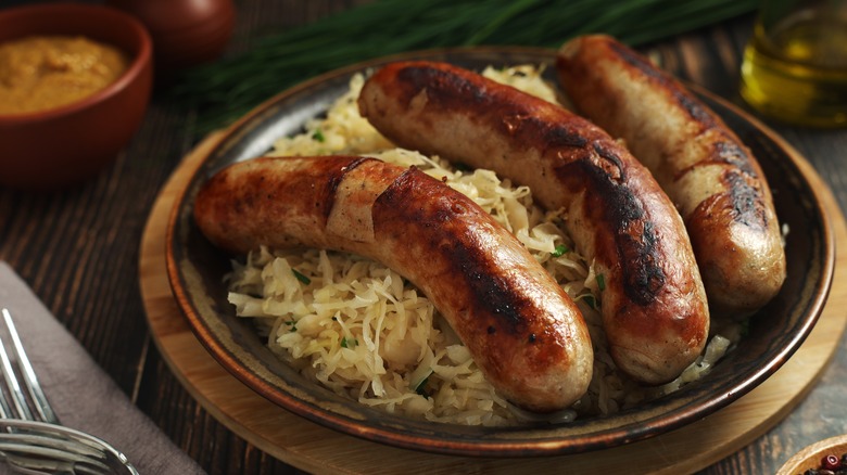 Bratwursts on a bed of sauerkraut