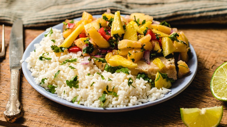 Swordfish with pineapple salsa and rice