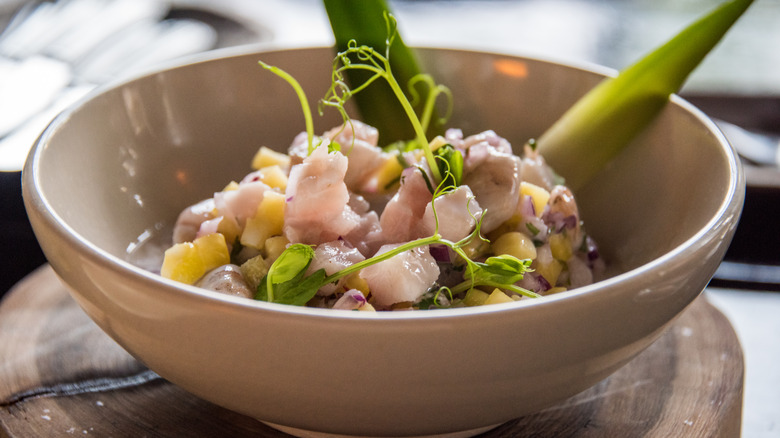 Pineapple swordfish ceviche in bowl