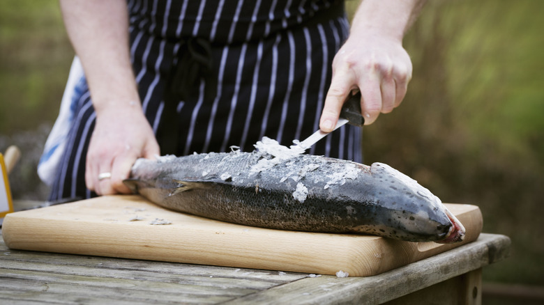 fishmonger descaling fish