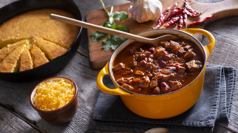 pot of chili and cornbread