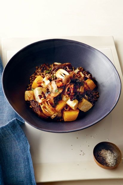 Lentils with root vegetables and caramelized onions