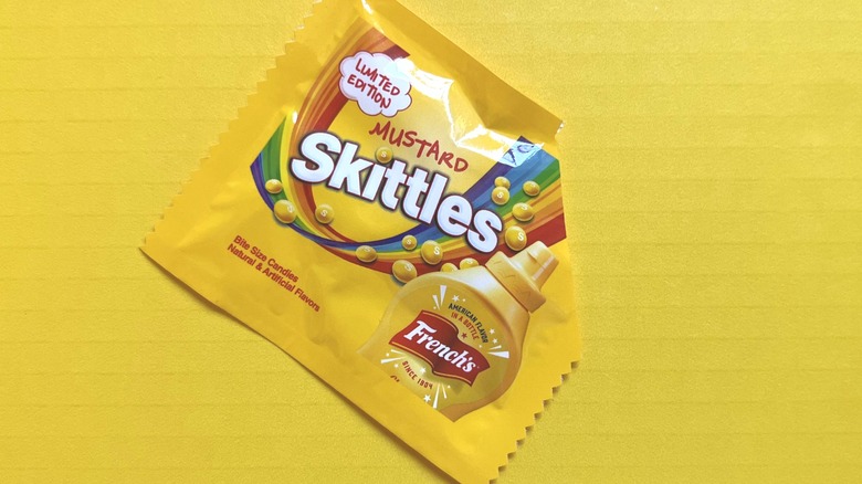 open package of Mustard Skittles