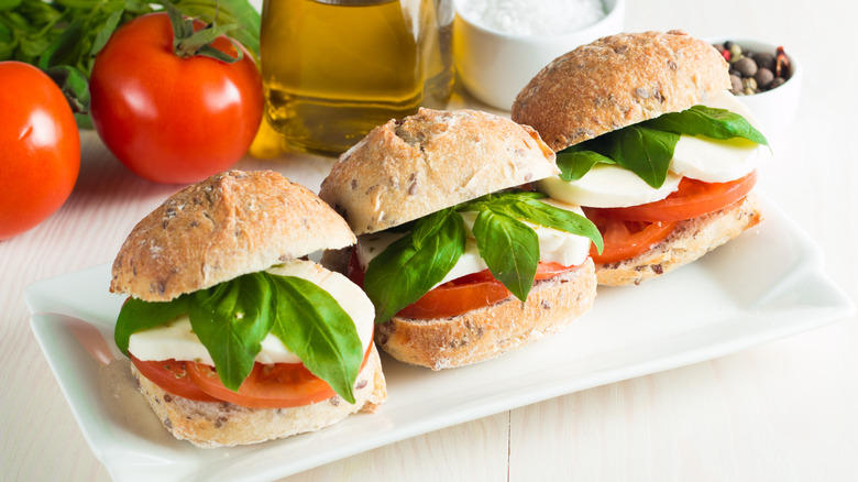 Three small caprese sandwiches