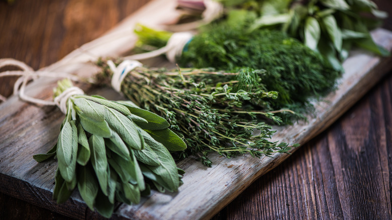 Piles of fresh herbs