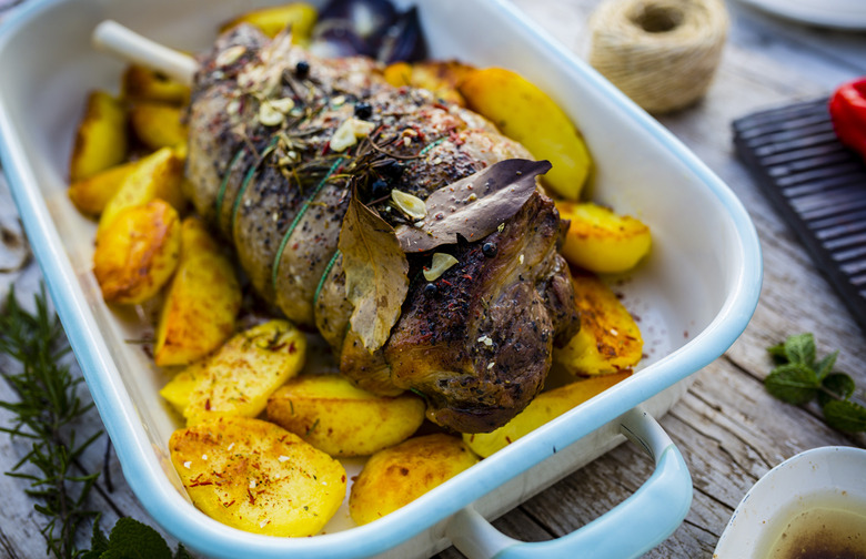 Roasted Boneless Leg of Lamb With Fingerling Potatoes, Leeks, and Mint Salsa Verde