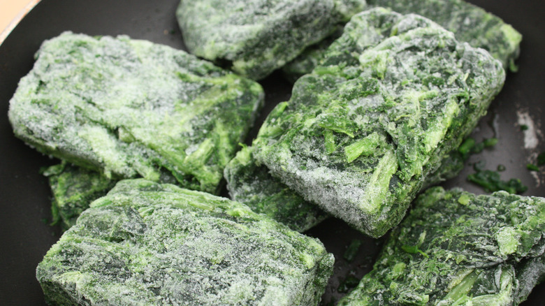 blocks of frozen spinach on black plate