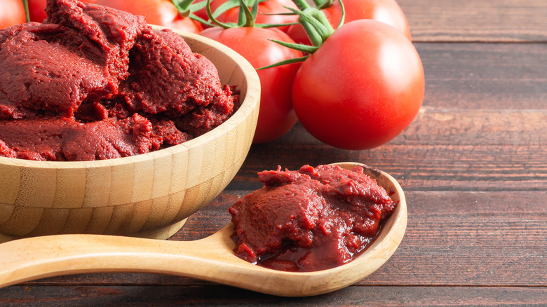 tomato paste in spoon and bowl