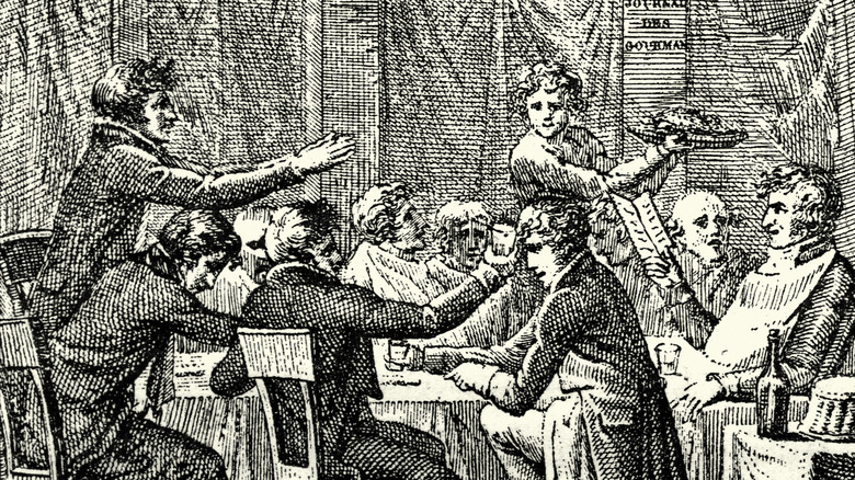 vintage woodcut 18th century French restaurant