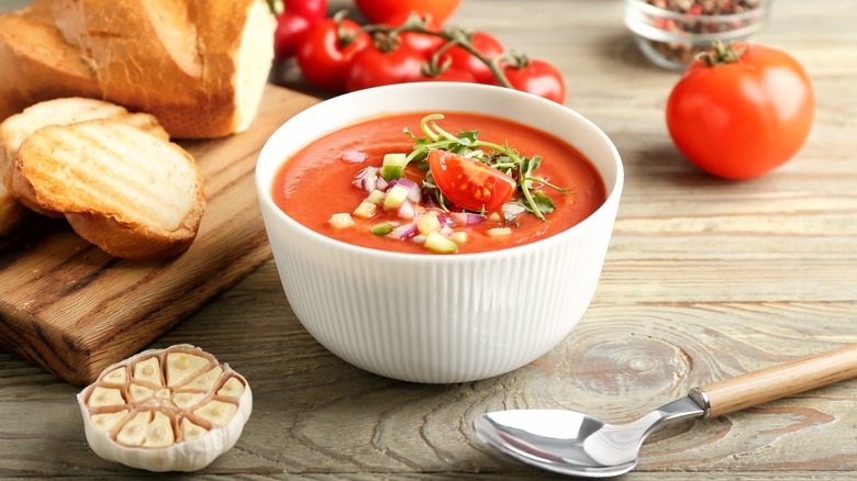 Bowl of gazpacho with bread