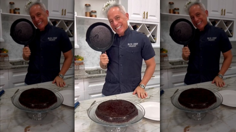 geoffrey zakarian holding up cast iron skillet