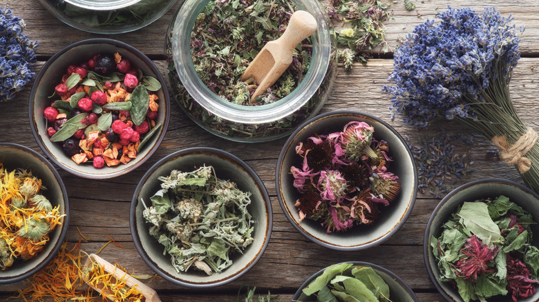 Bowls of dried herbs