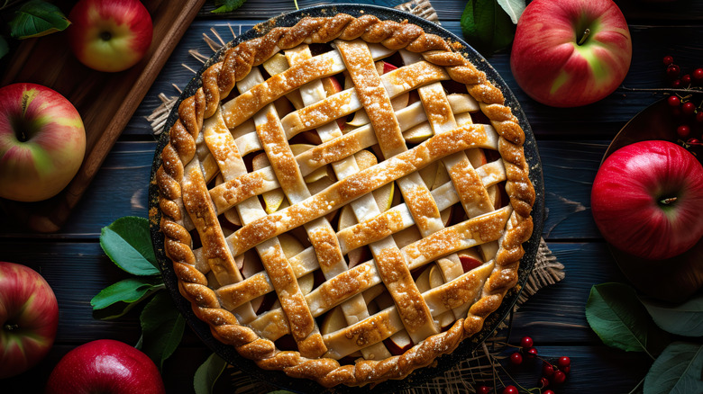 overhead shot of homemade apple pie with lattice top on dark background