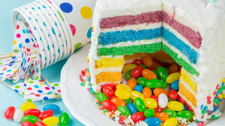 Rainbow cake filled with jelly beans