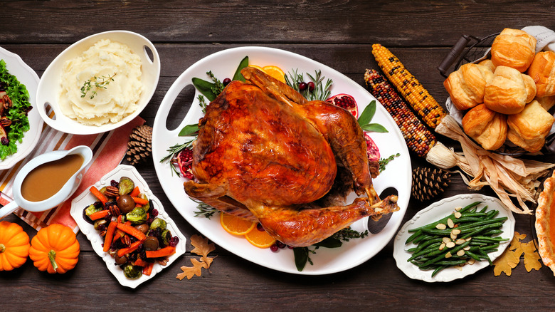 Thanksgiving food spread on table