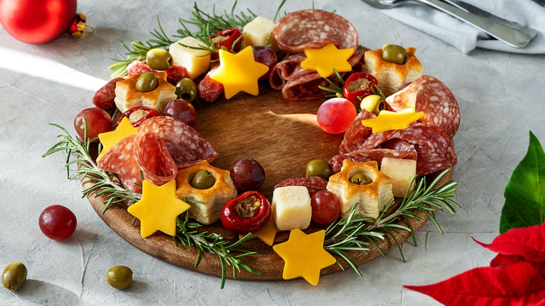 festive charcuterie wreath with baubles